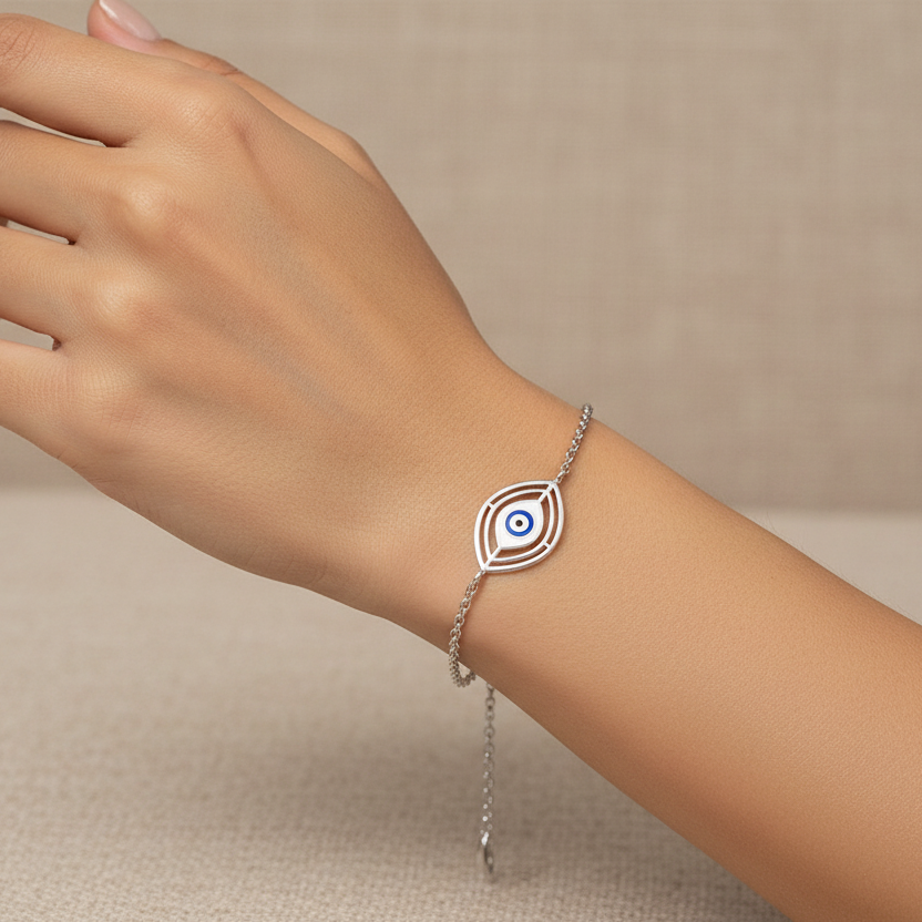 White Evil Eye Bracelet: Elegant Sterling Silver