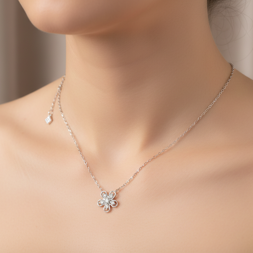 Sterling Silver Flower Necklace with Zirconia