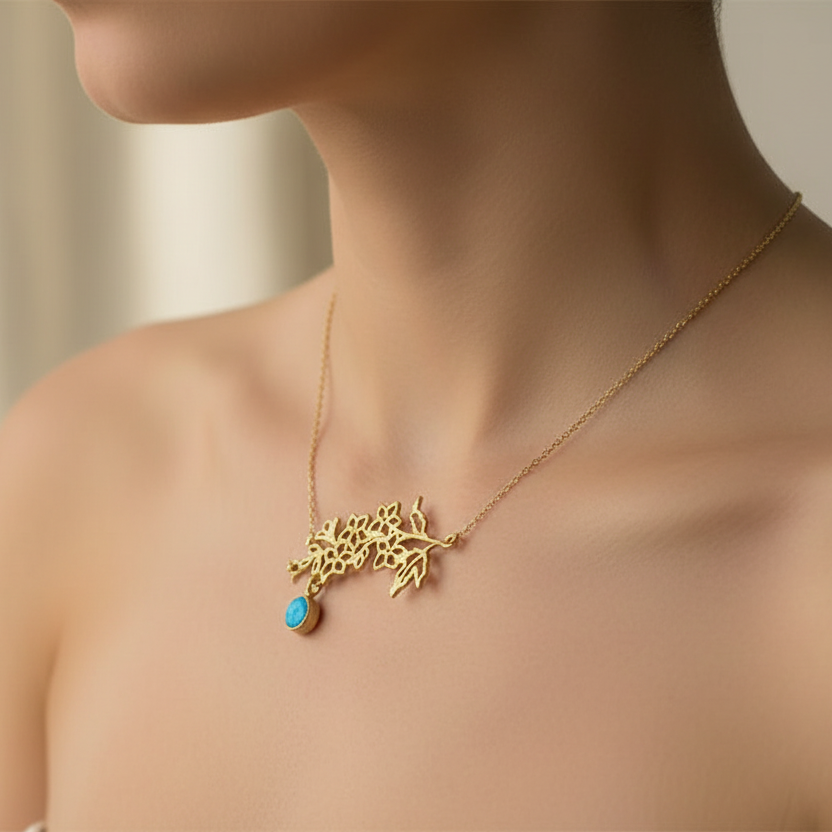 Gold-Plated Necklace with December Turquoise & Blue Topaz Birthstones and Narcissus Flower