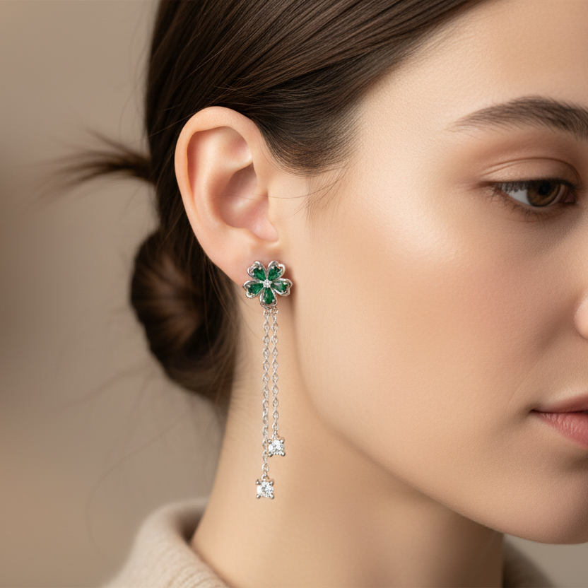 Green & Blue Dangling Flower Studs Sterling Silver Earrings