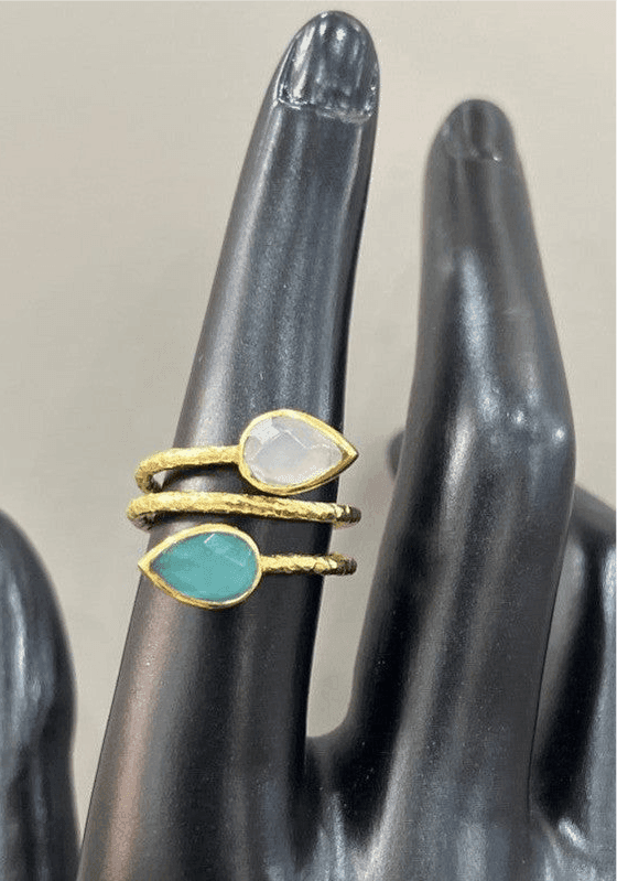 Adjustable Ethereal Harmony: Handcrafted 18 Karat Gold-Plated Ring with Moonstone and Emerald