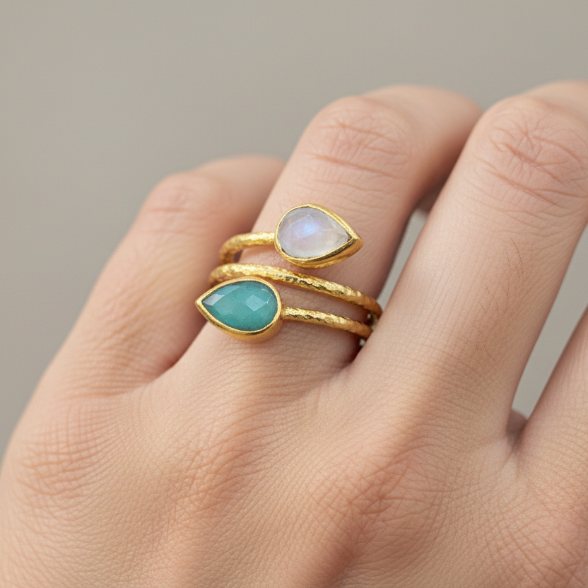 Gold Plated Moonstone & Amazonite Wrap Ring