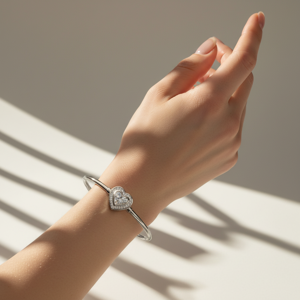 Heartfelt Radiance: Sterling Silver Heart Bangle