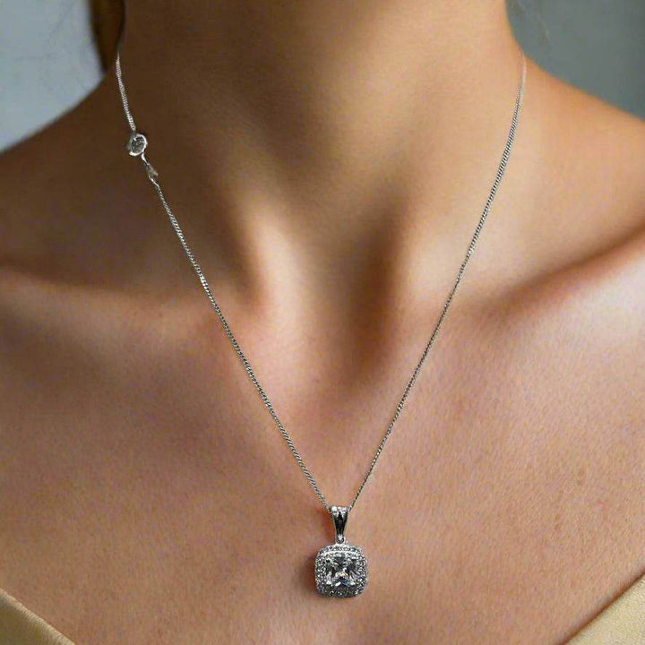 Elegant Sterling Silver Square White Diamond Zirconia Necklace - Saras Beads & Jewellery