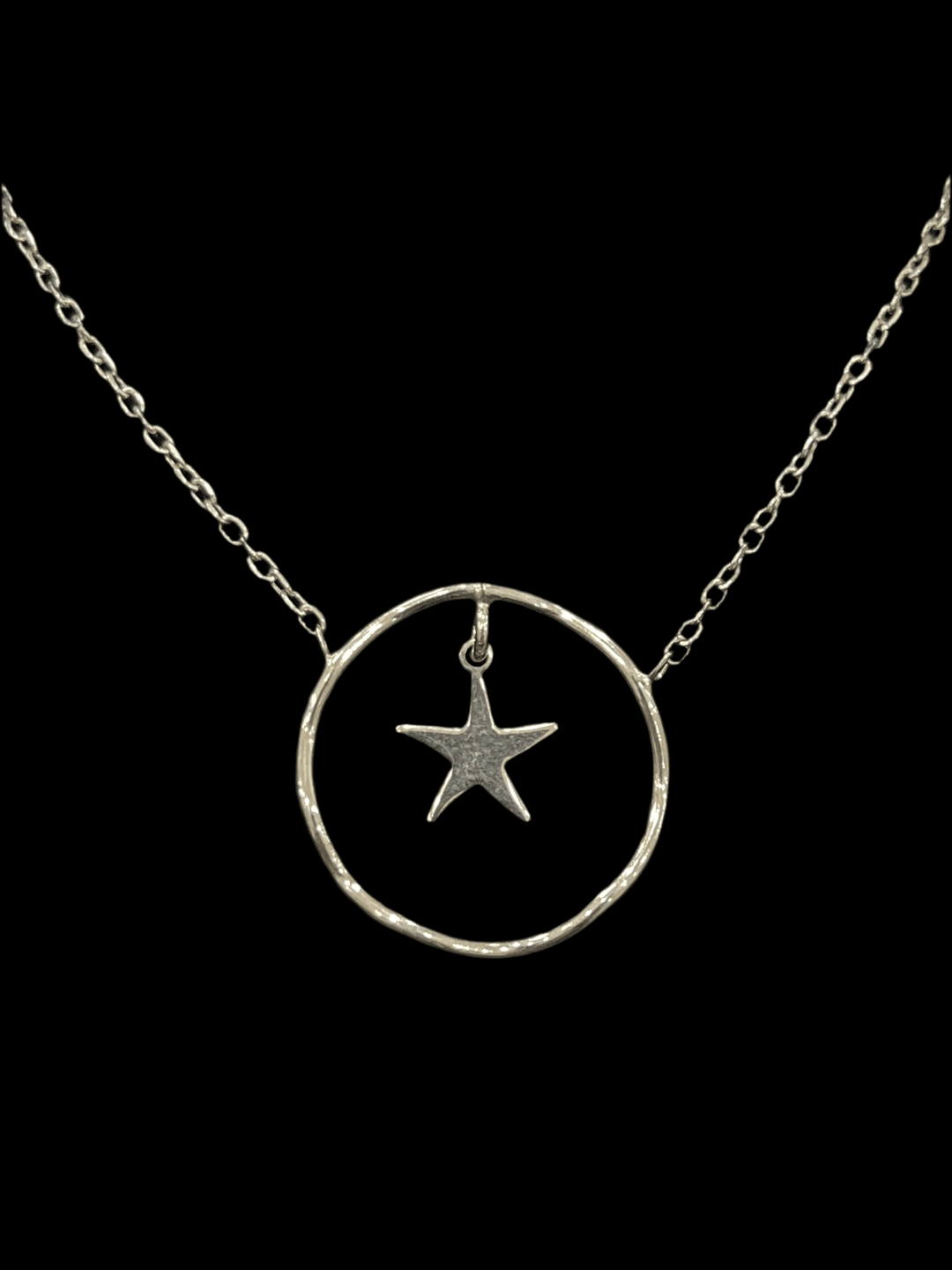 Starry Night: Sterling Silver Shiny Necklace with Round Pendant and Stars