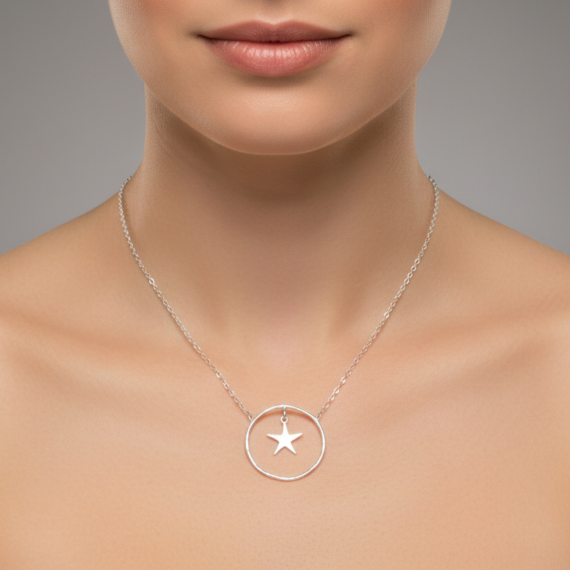 Sterling Silver Round Pendant Star Necklace