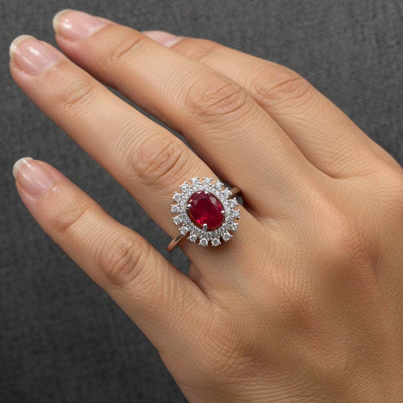 Sterling Silver Red Cubic Zirconia Halo Ring