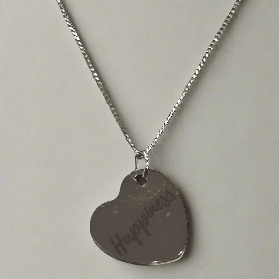 Sterling Silver Engraved Heart Necklace with “Happiness” Inscription
