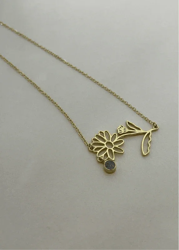 Gold-Plated Necklace with April Diamond, White Topaz & Clear Quartz Birthstones and Sweet Pea & Daisy Flowers - Saras Beads & Jewellery