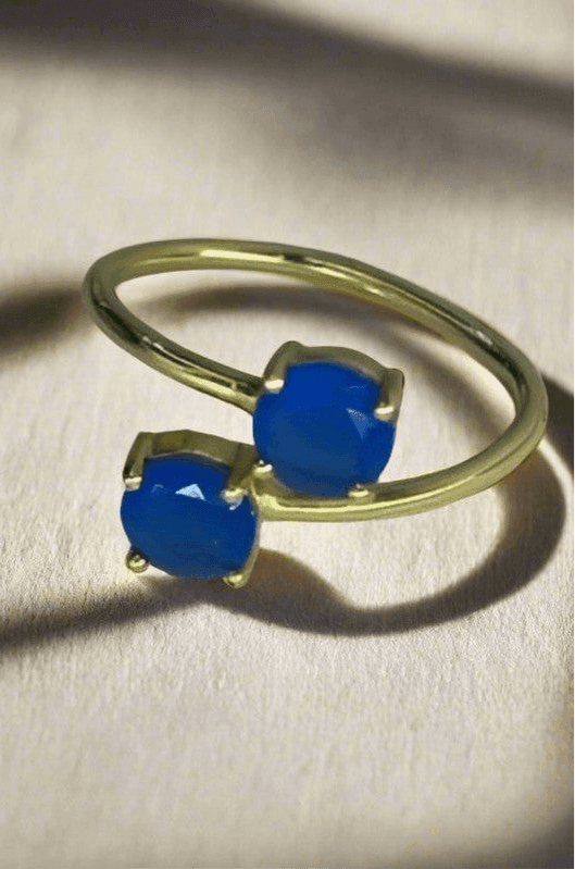 Adjustable Twinkling Duo: Handmade 18 Karat Gold-Plated Ring with Two Ink Blue Chalcedony stones - Saras Beads & Jewellery