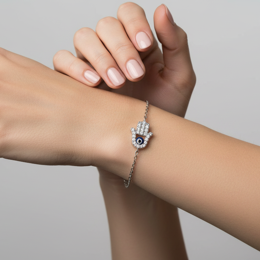 Sterling Silver Hamsa Hand Bracelet with Evil Eye – A Symbol of Protection and Luck
