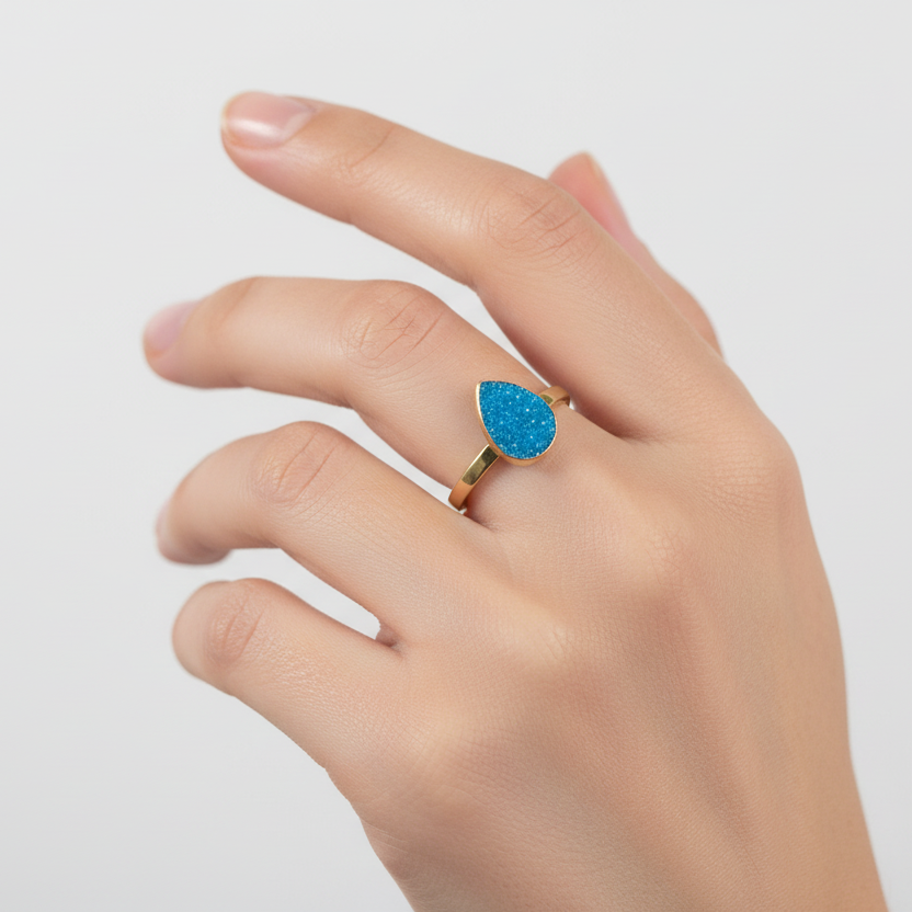 Gold Plated Blue Druzy Teardrop Ring