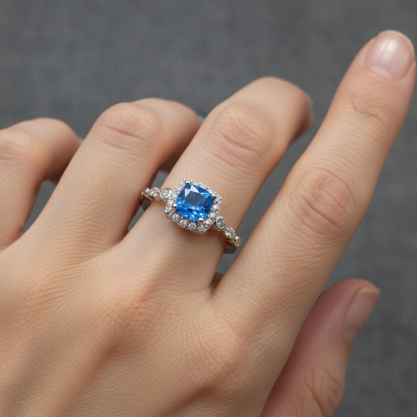Blue Topaz Halo Ring Sterling Silver