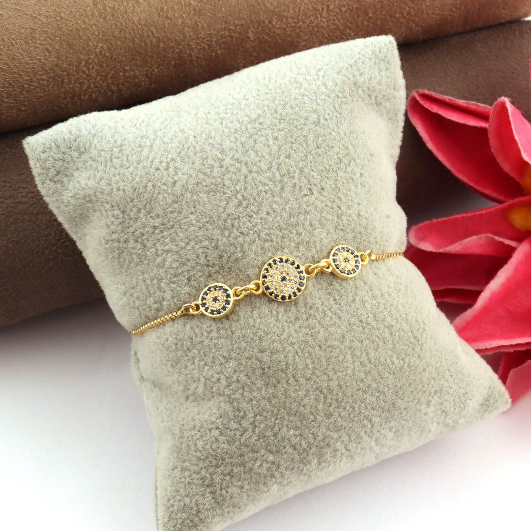 Adjustable Gold Plated Bracelet with Three Evil Eyes: Triple the Protection in Style - Saras Beads & Jewellery