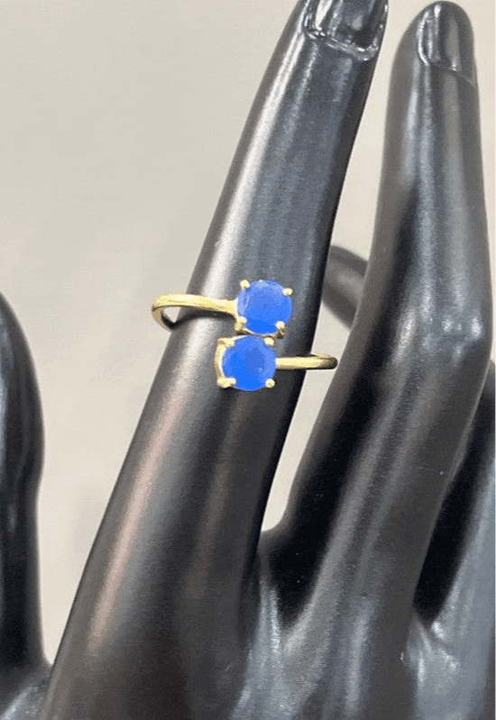 Adjustable Twinkling Duo: Handmade 18 Karat Gold-Plated Ring with Two Ink Blue Chalcedony stones - Saras Beads & Jewellery
