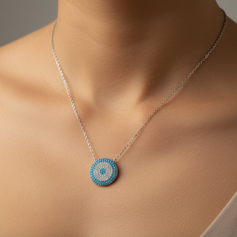 Elegant Turquoise Round Necklace with Intricate Detailing in Sterling Silver