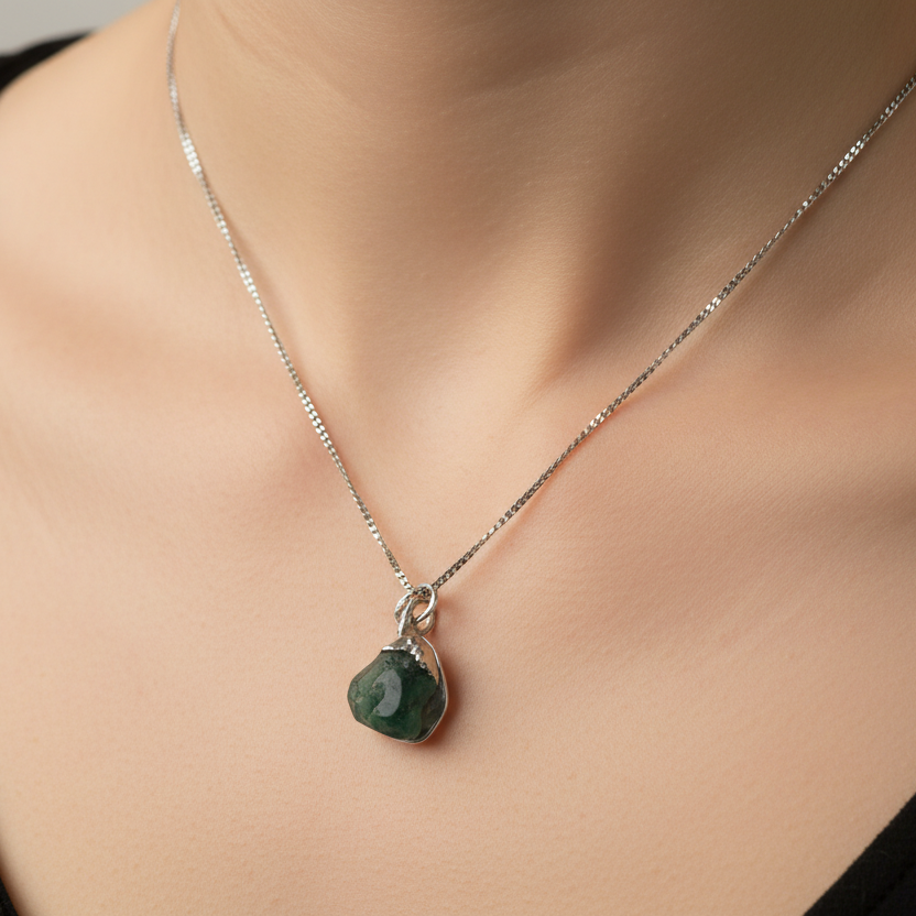 Sterling Silver Necklace with Emerald Stone Pendant