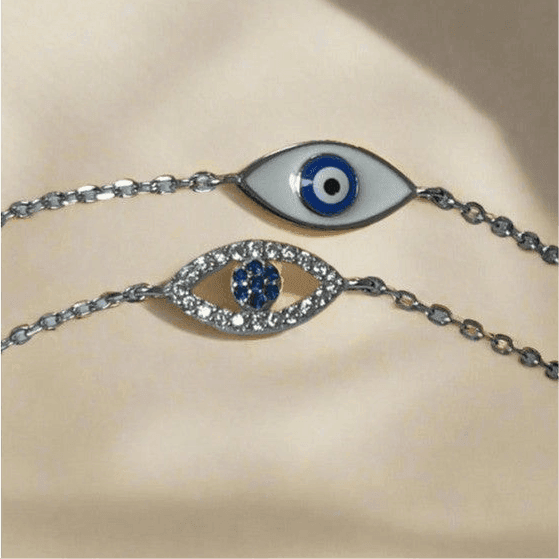 Sterling Silver Double Evil Eye Bracelet – White and Blue with Sparkling Zirconia
