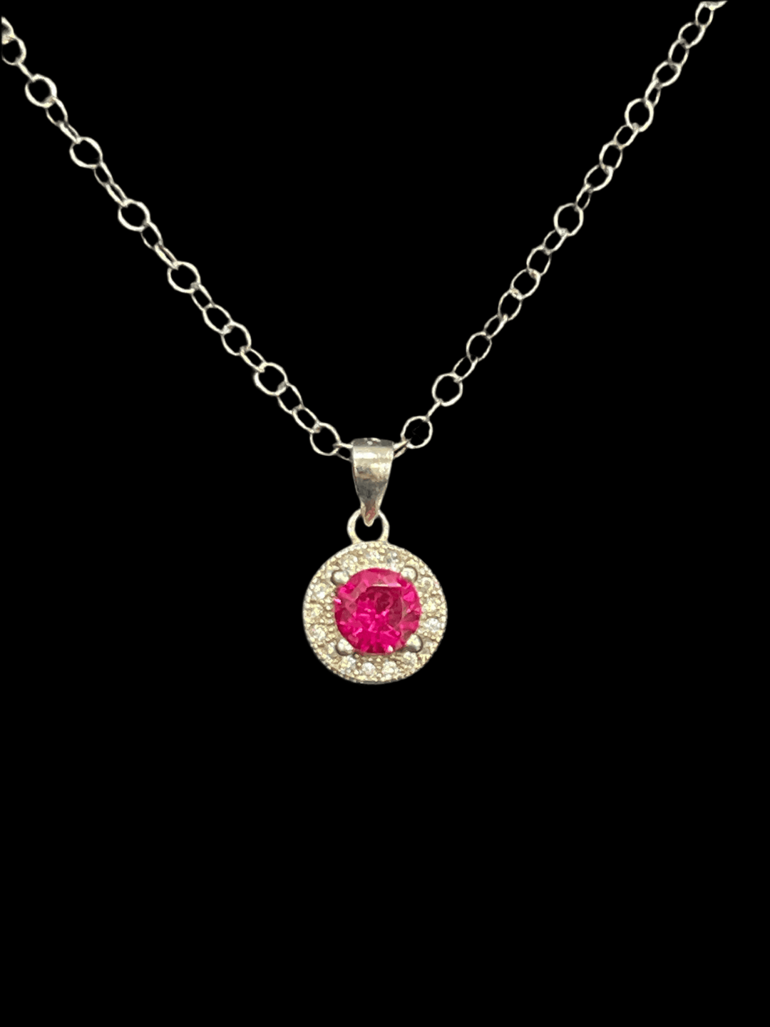 Crimson Essence: Sterling Silver Round Necklace with Red Zirconia