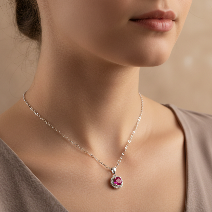 Crimson Essence: Sterling Silver Round Necklace with Red Zirconia