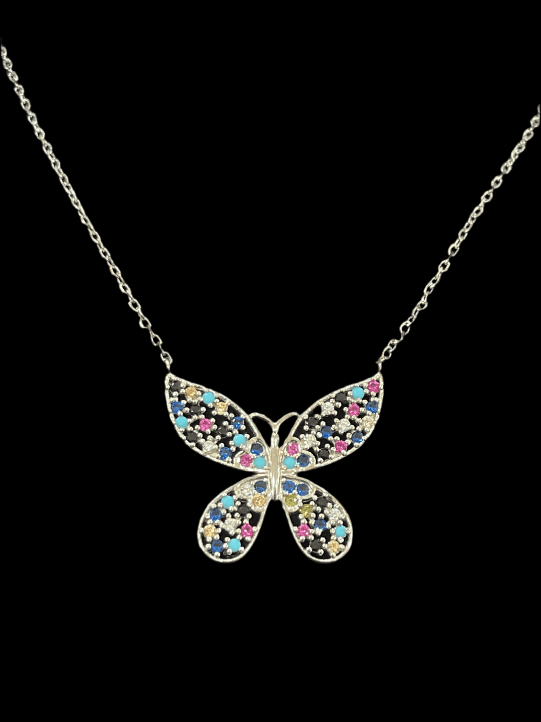 Colorful Butterfly Charisma: Rhodium-Plated Sterling Silver Necklace