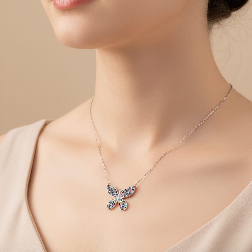 Rhodium Plated Sterling Silver Necklace Butterfly