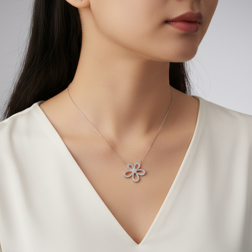 Stunning Sterling Silver Flower Necklace with Radiant Gemstone Center