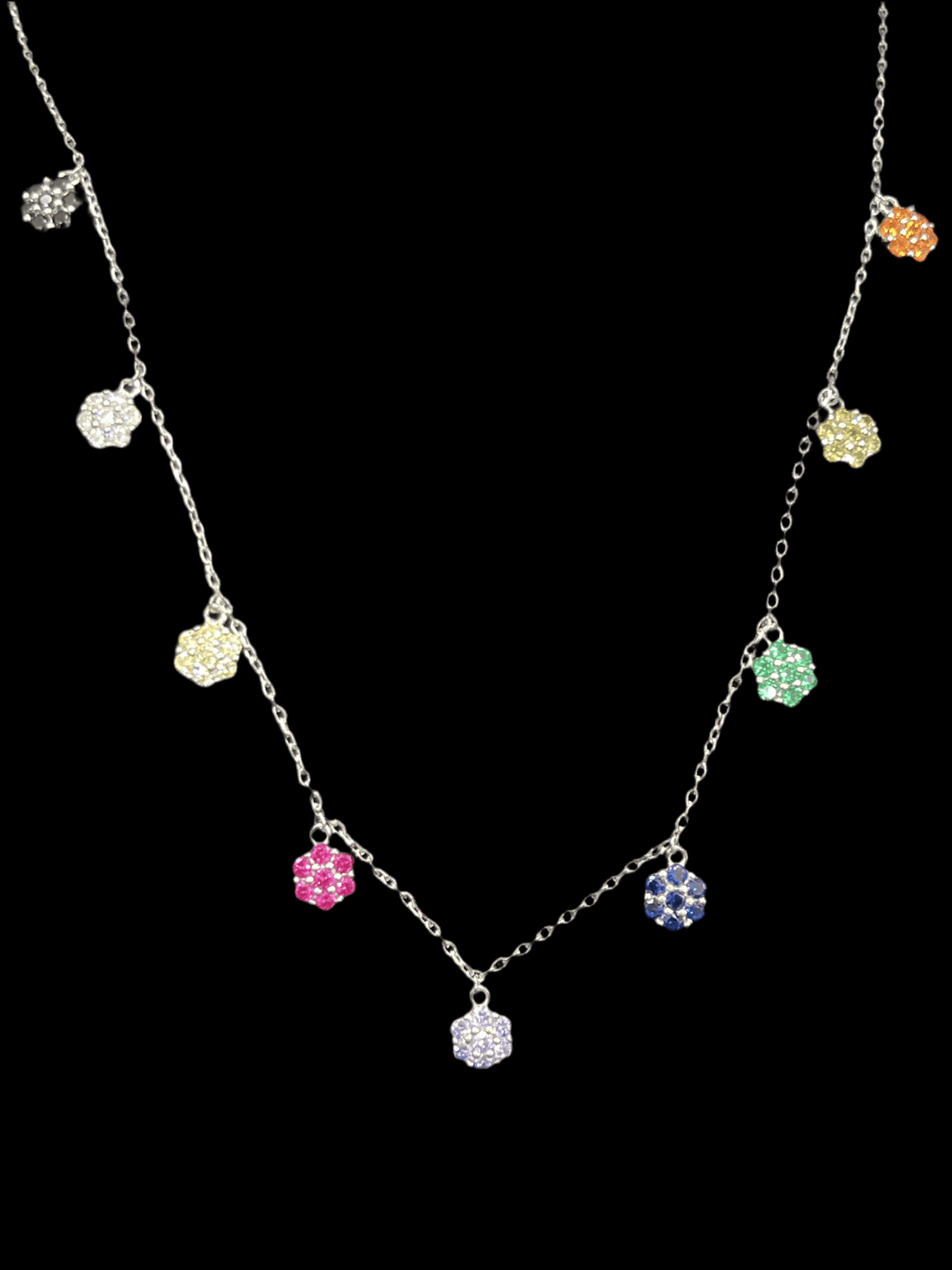Sterling Silver Necklace with Multi-Coloured Zirconia Flowers – Vibrant Floral Elegance
