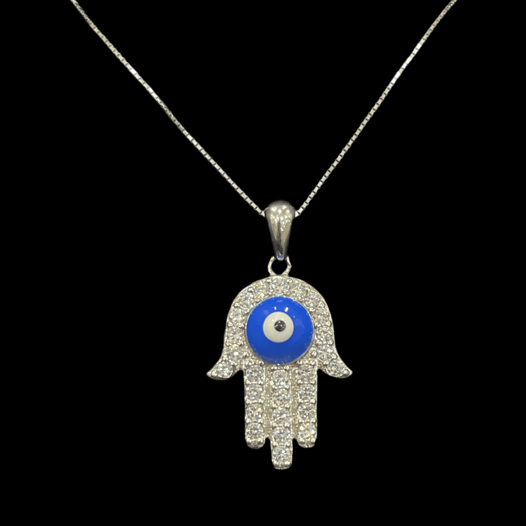Hamsa Hand with Eye: Rhodium-Plated Sterling Silver Necklace