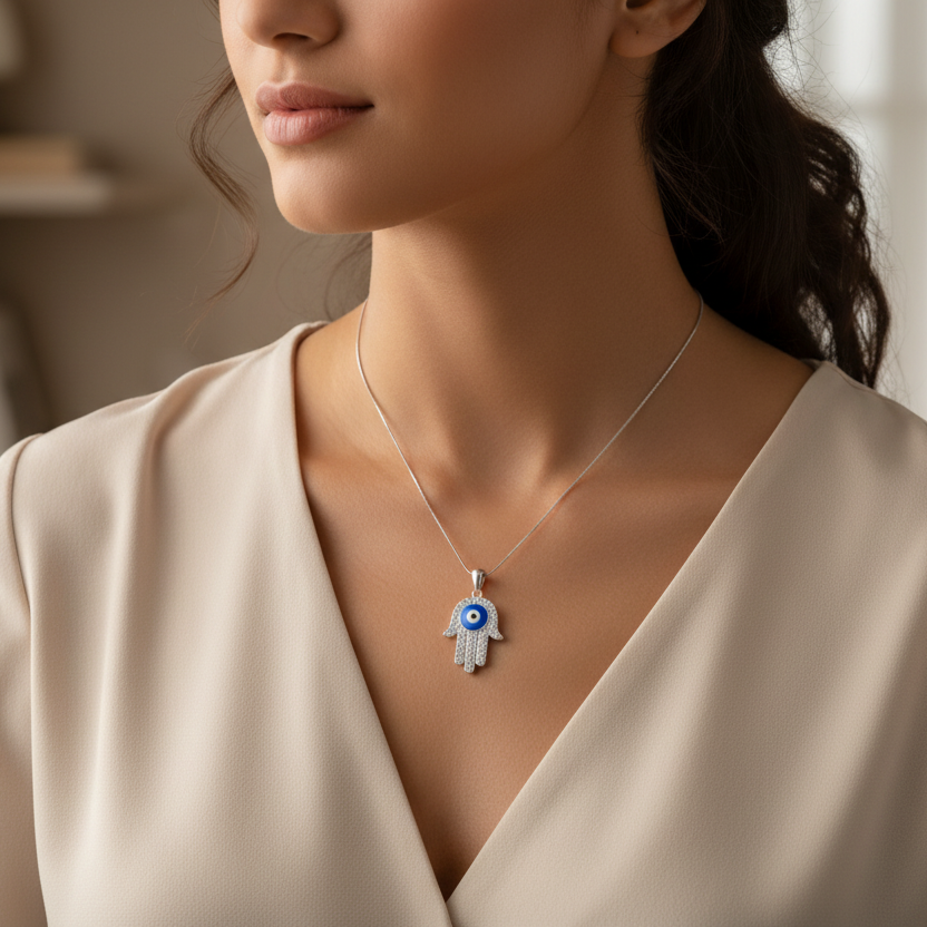 Hamsa Hand with Eye: Rhodium-Plated Sterling Silver Necklace