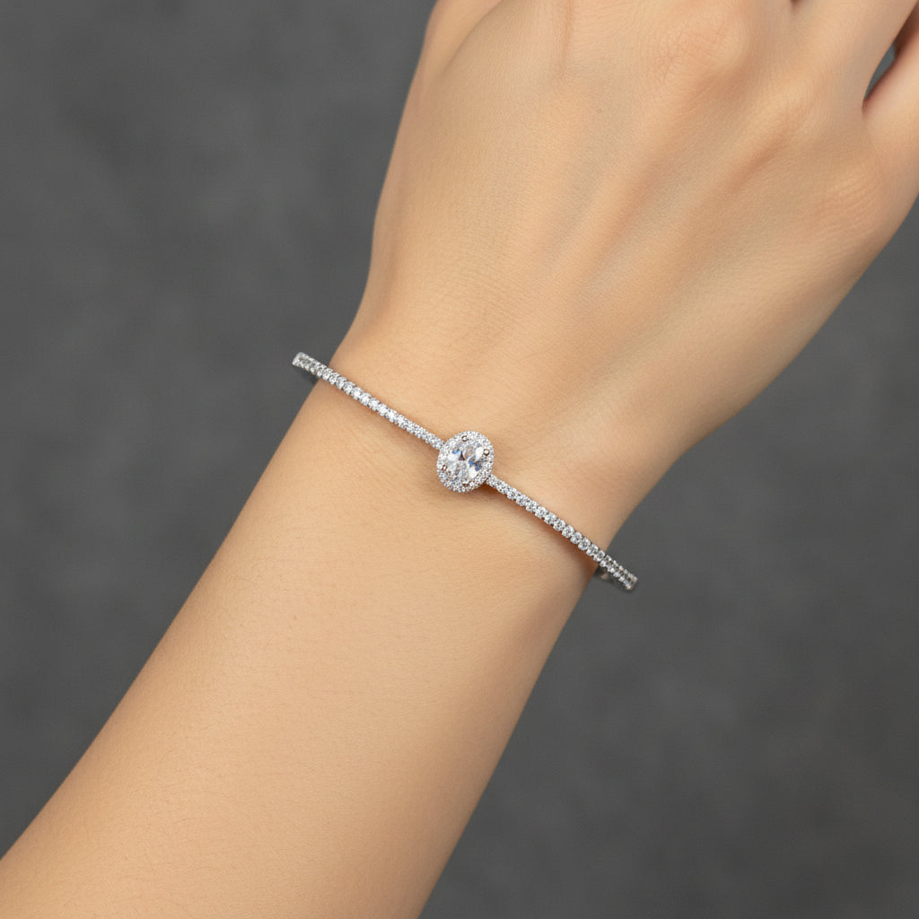 Oval Cubic Zirconia Halo Bangle Bracelet in 925 Sterling Silver (Rhodium Plated)