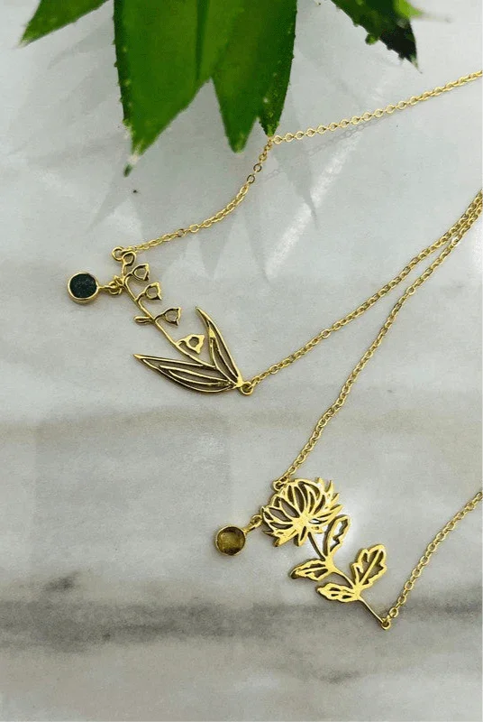 Gold-Plated Necklace with May Emerald Birthstone and Lily of the Valley Flower - Saras Beads & Jewellery
