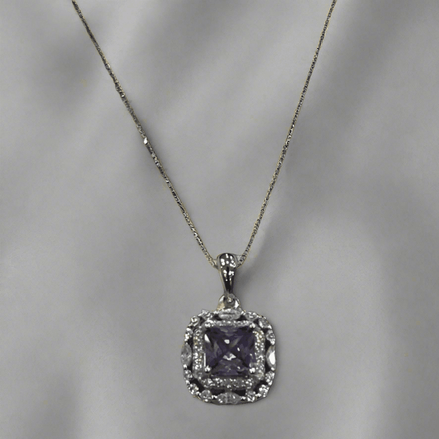 Elegant Sterling Silver Square Purple Zirconia Necklace