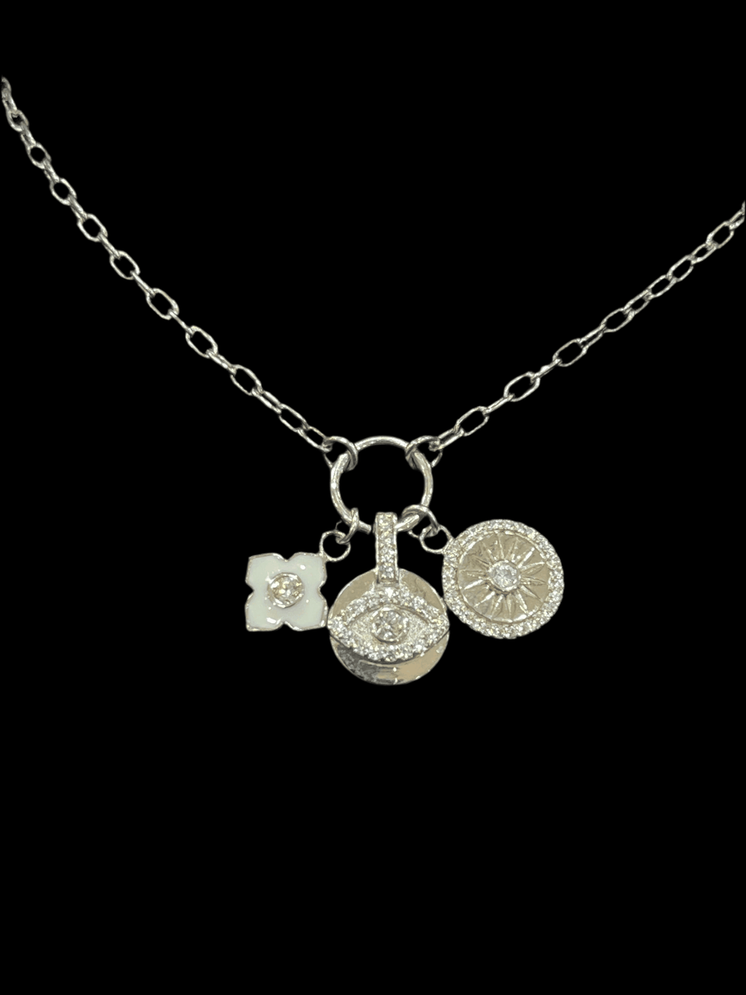 Mystical Blossoms: Rhodium Plated Sterling Silver Necklace with 1 Flower 1 Eye 1 Star