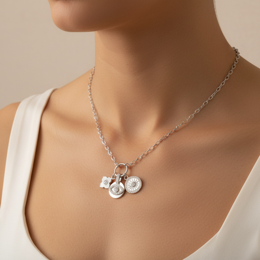 Sterling Silver Necklace with 1 Flower 1 Eye 1