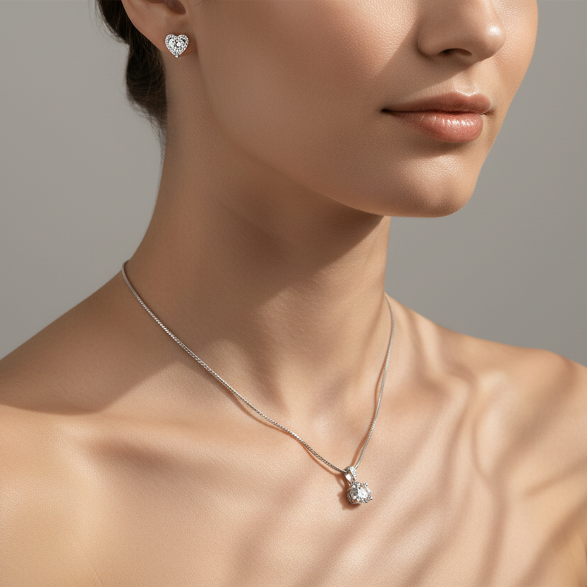 Tiny Heart & Diamond Sterling Silver Jewellery Set