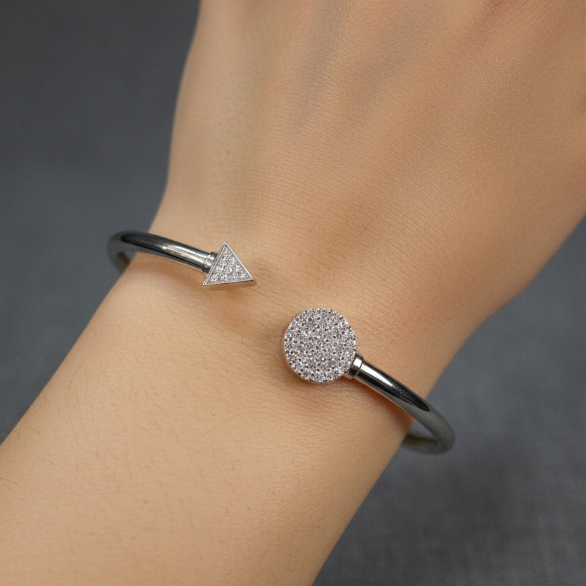 Sterling Silver Round and Triangle Bangle with Shiny Rhodium-Plated Zirconia