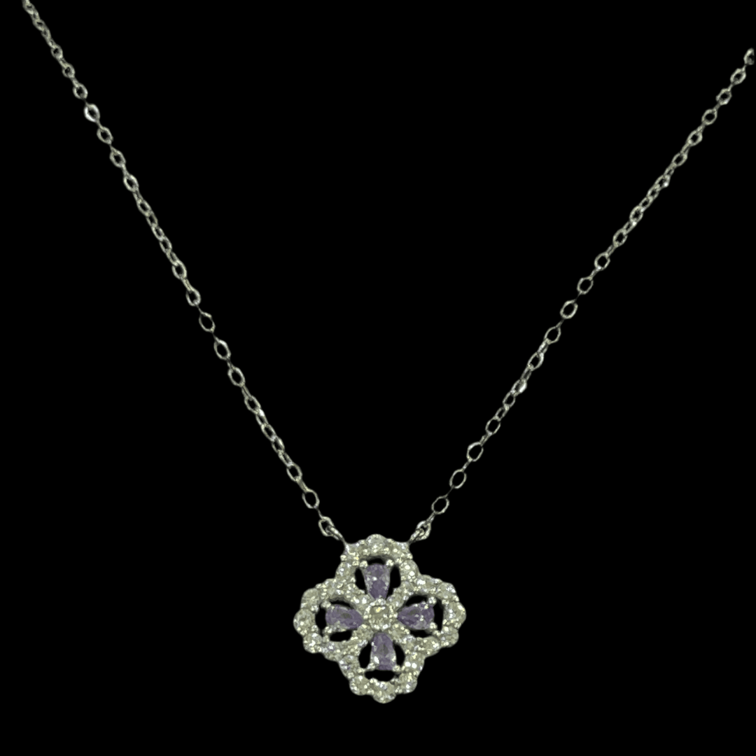 Elegant Sterling Silver Flower Necklace with Purple Zirconia