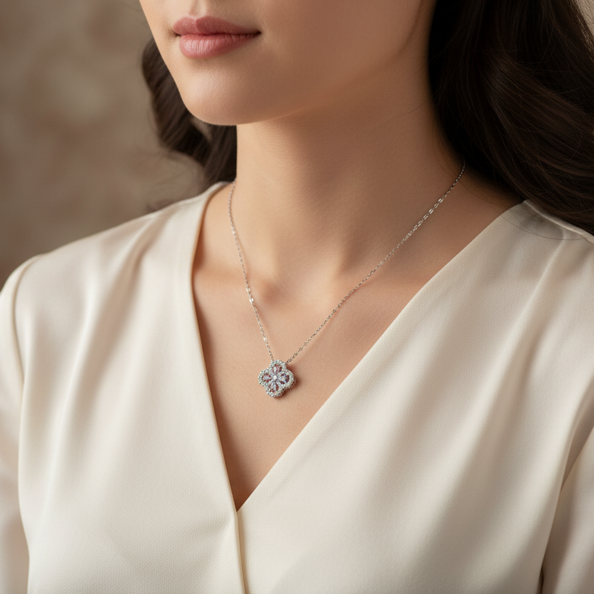 Elegant Sterling Silver Flower Necklace with Purple Zirconia