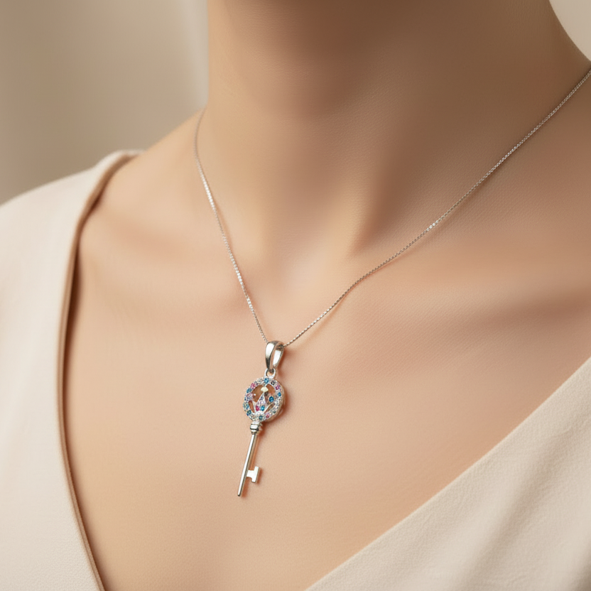 Rhodium Plated Sterling Silver Key Necklace