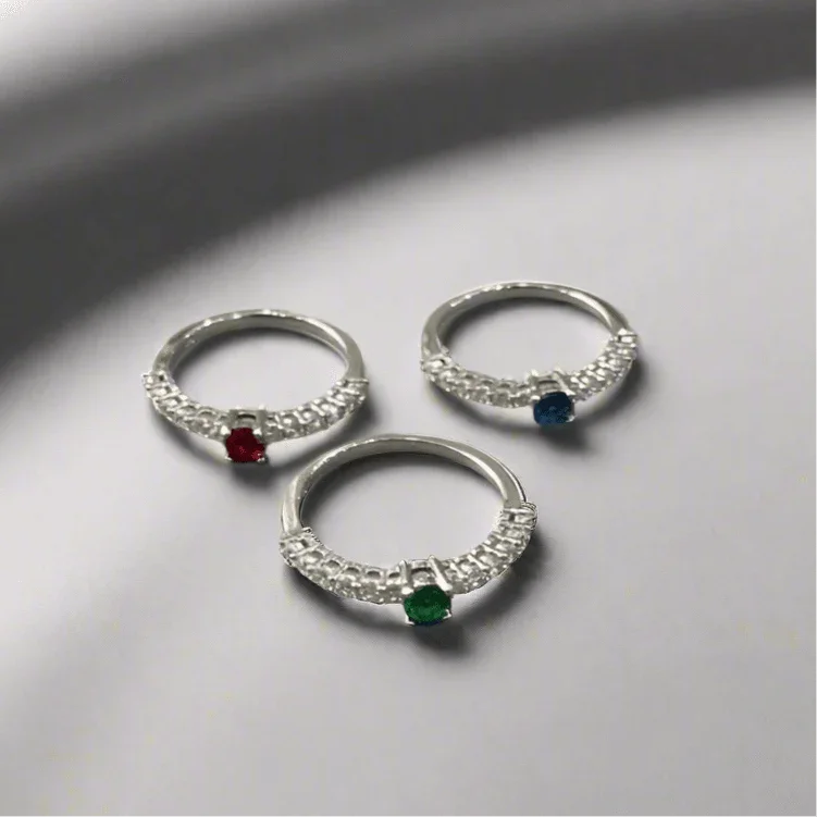 Elegant Zirconia Sterling Silver Ring with Sapphire, Emerald & Ruby