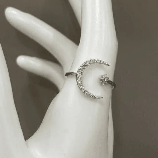 Adjustable Sterling Silver Moon and Star Ring - Celestial Elegance