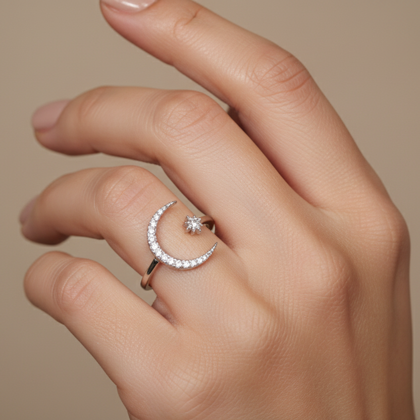 Moon and Star Sterling Silver Ring