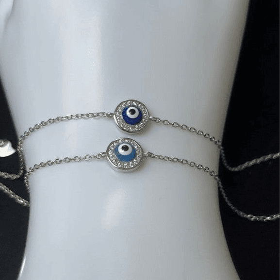 Sterling Silver Orb Evil Eye Bracelet – Light Blue and Dark Blue with Sparkling Zirconia