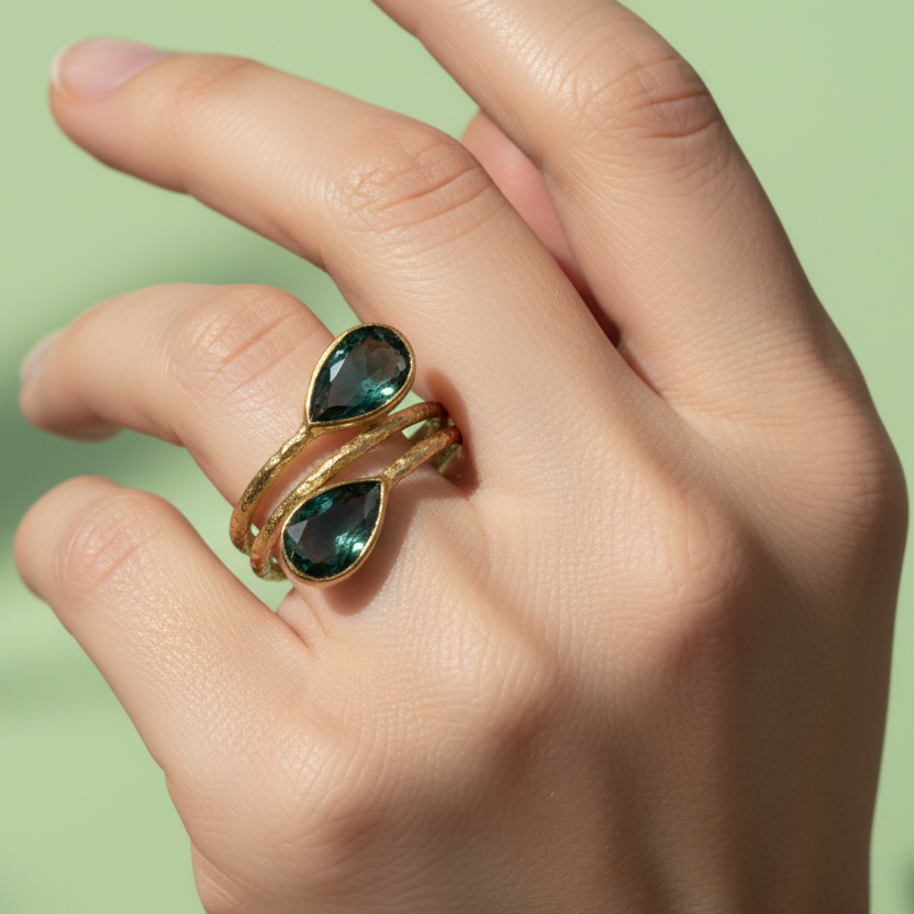 Exquisite Double Emerald Ring in Gold-Plated Elegance