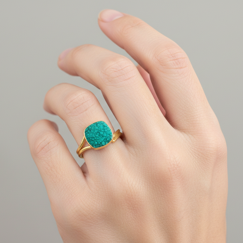 Gold Plated Green Druzy Cushion Ring