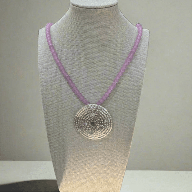 Artisanal Elegance: Handcrafted Pink Beaded Necklace with Intricate Silver Pendant