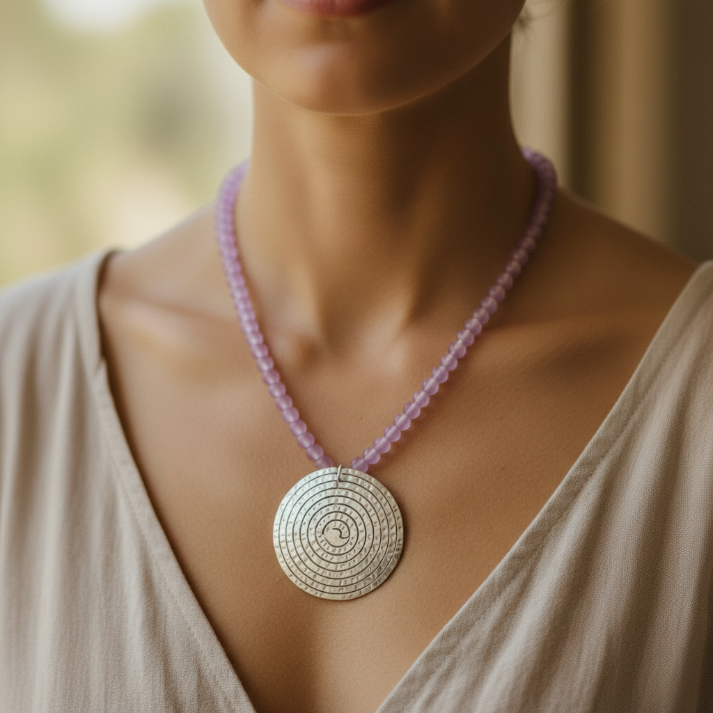 Artisanal Elegance: Handcrafted Pink Beaded Necklace with Intricate Silver Pendant