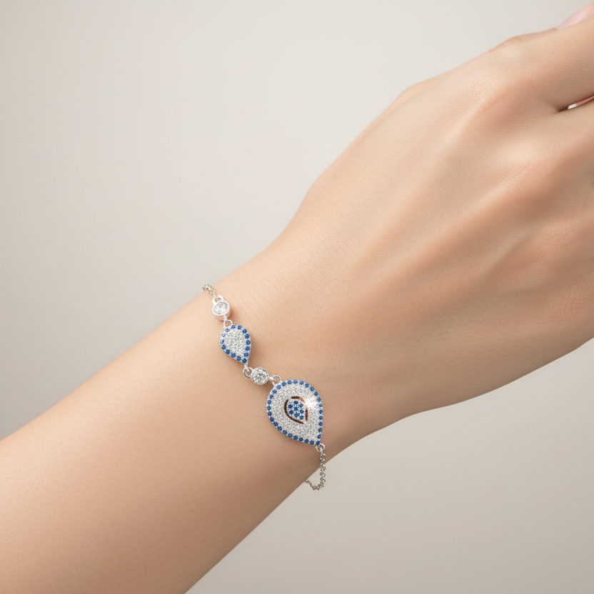 Unique Sterling Silver Evil Eye Double Rhombus & Diamond Zirconia Bracelet
