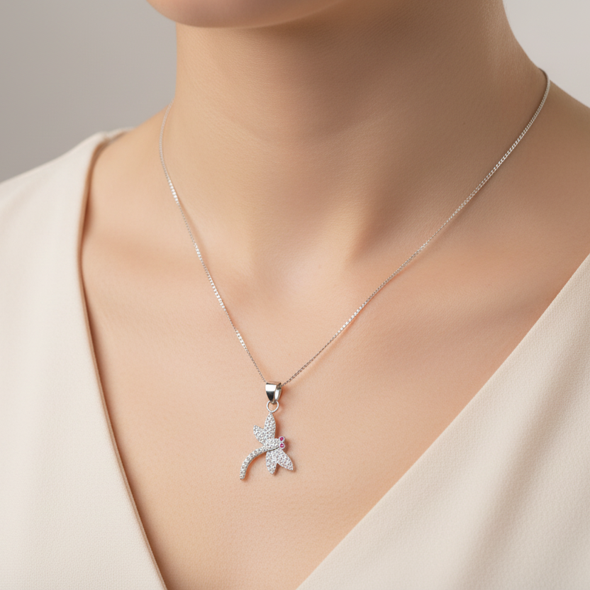 Sterling Silver Dragonfly Necklace - Fuchsia Eyes